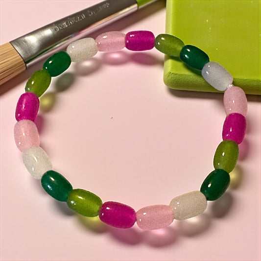 Pink and Green Cylindrical Glass Beads