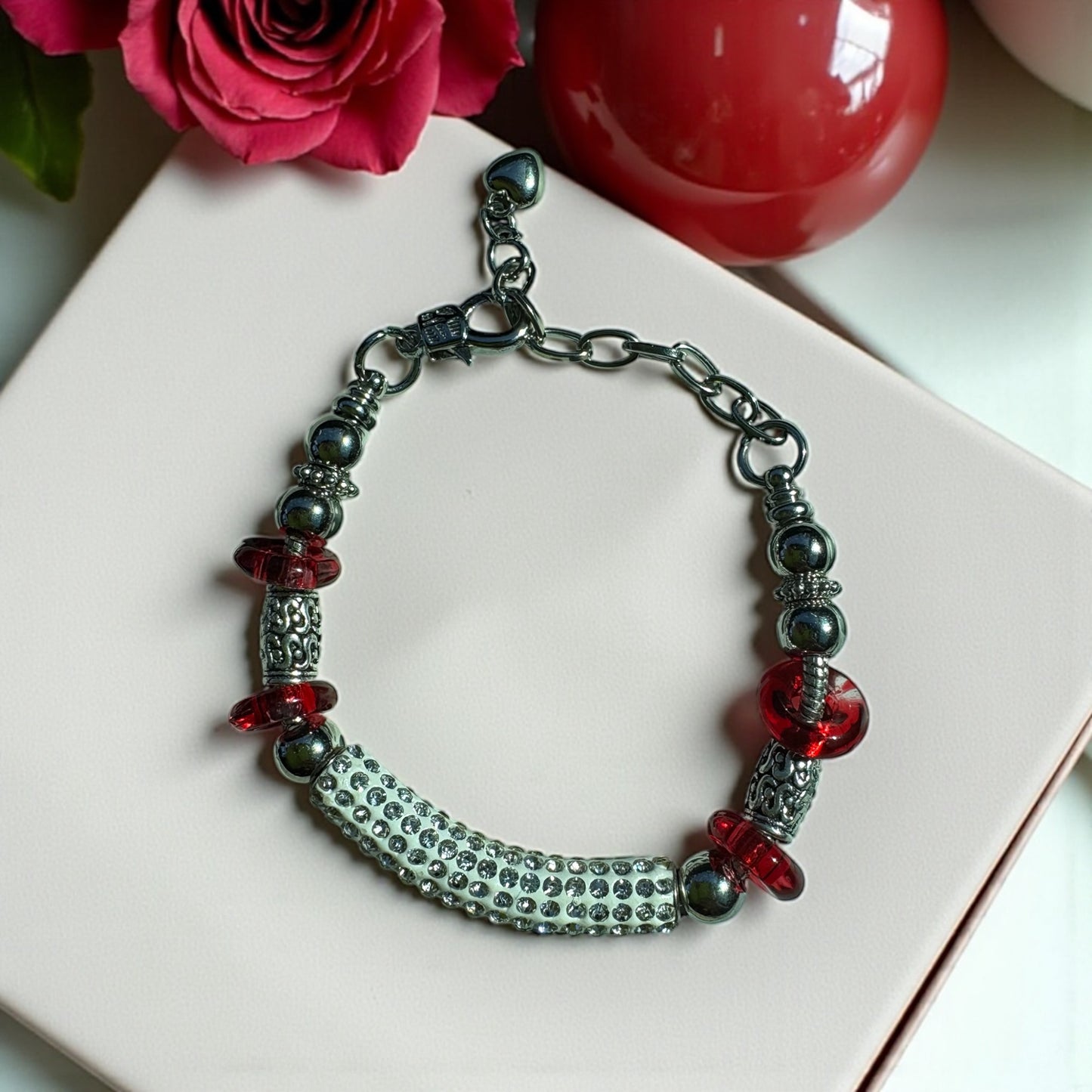 Handmade Crimson & Cream Glass & Rhinestone Beads