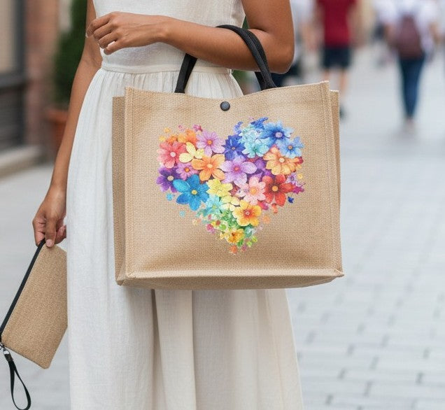 2 Pcs Lightweight Heart-Shaped Floral Print Tote Bag Set with Zipper Makeup Bag for Portable Shopping, Travel, and Beach Trips