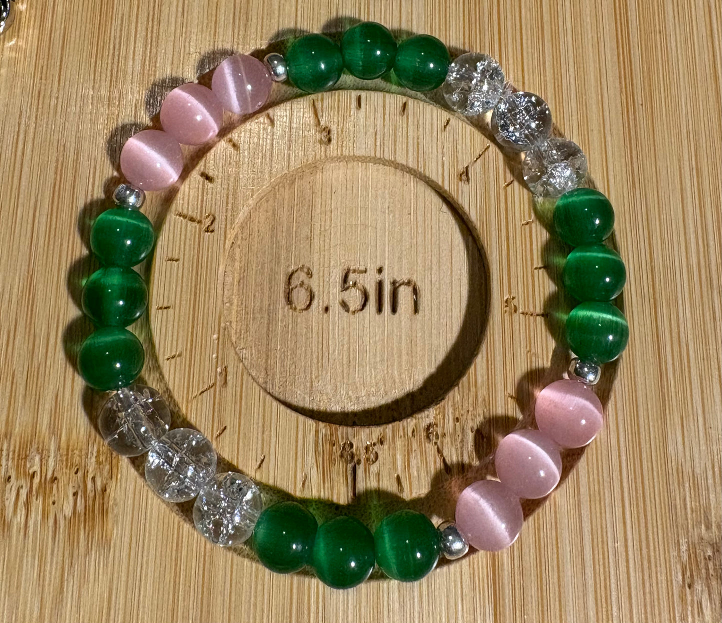 Pink & Green Tiger’s Eye and Green Handcrafted 3 piece Beaded Stretch Bracelet Set