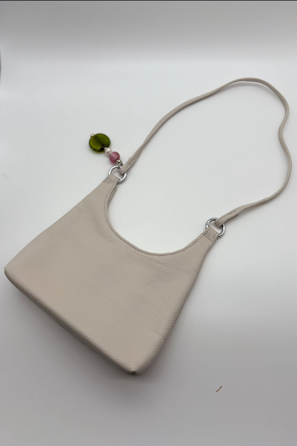 Genuine Leather White Small Purse with Pink & Green Glass Lampwork Beads