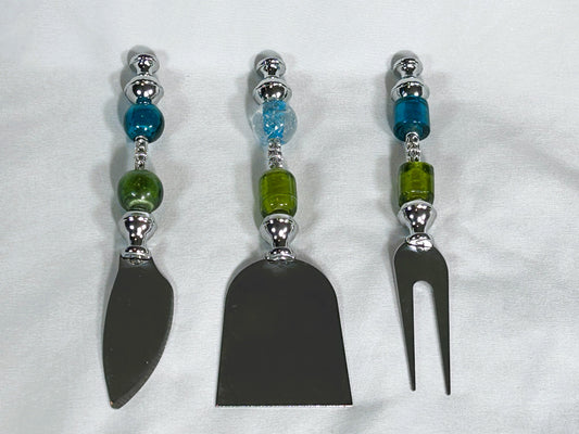 Beaded 3 Piece Set Cheese Knife, Fork and Shovel. (Blue and Green Glass)