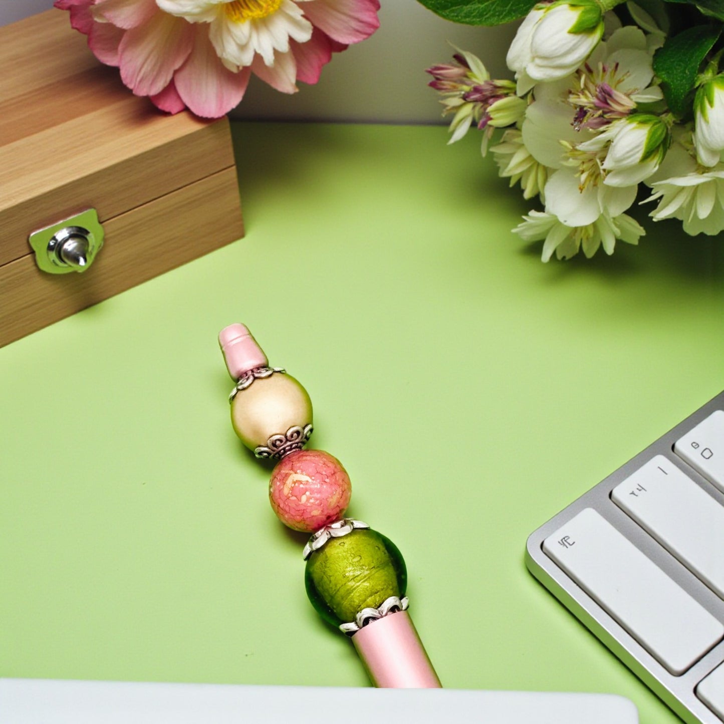 Handmade Elegant Lampwork Statement Bead Pen with Green Notebook with Pink Accent