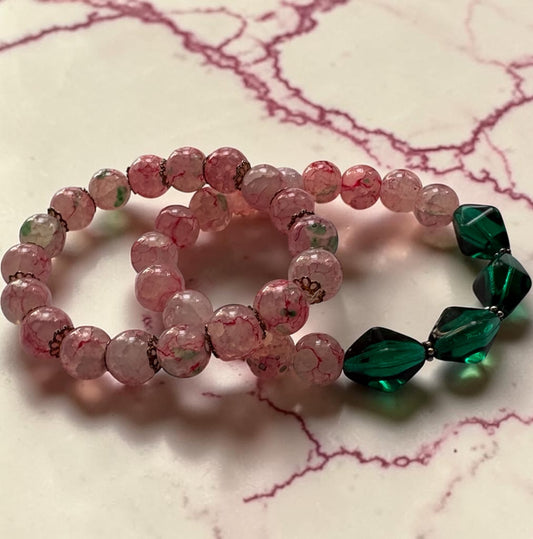 Handmade Beaded Pink and Green Glass Bracelet with Sterling Silver Spacers