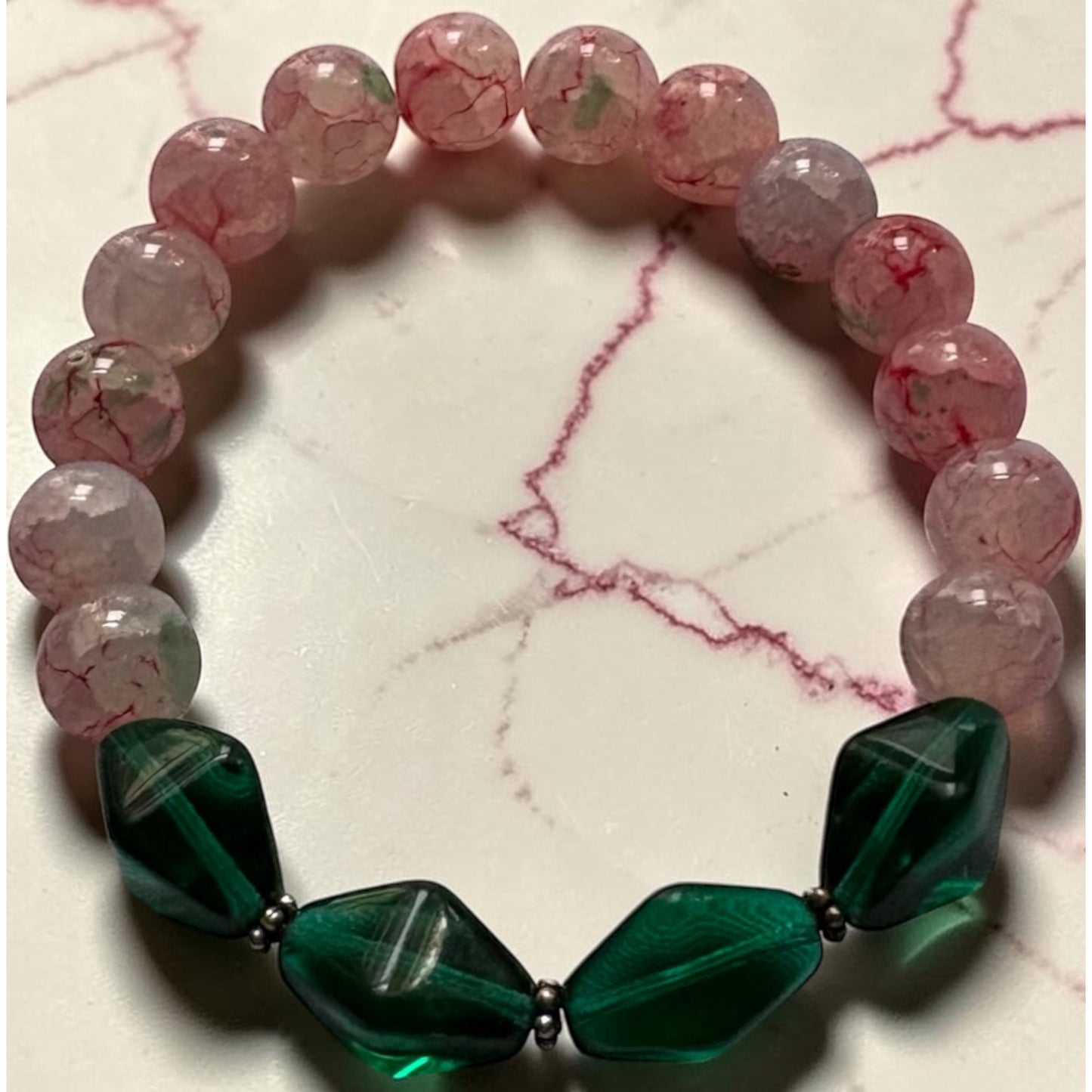 Handmade Beaded Pink and Green Glass Bracelet with Sterling Silver Spacers