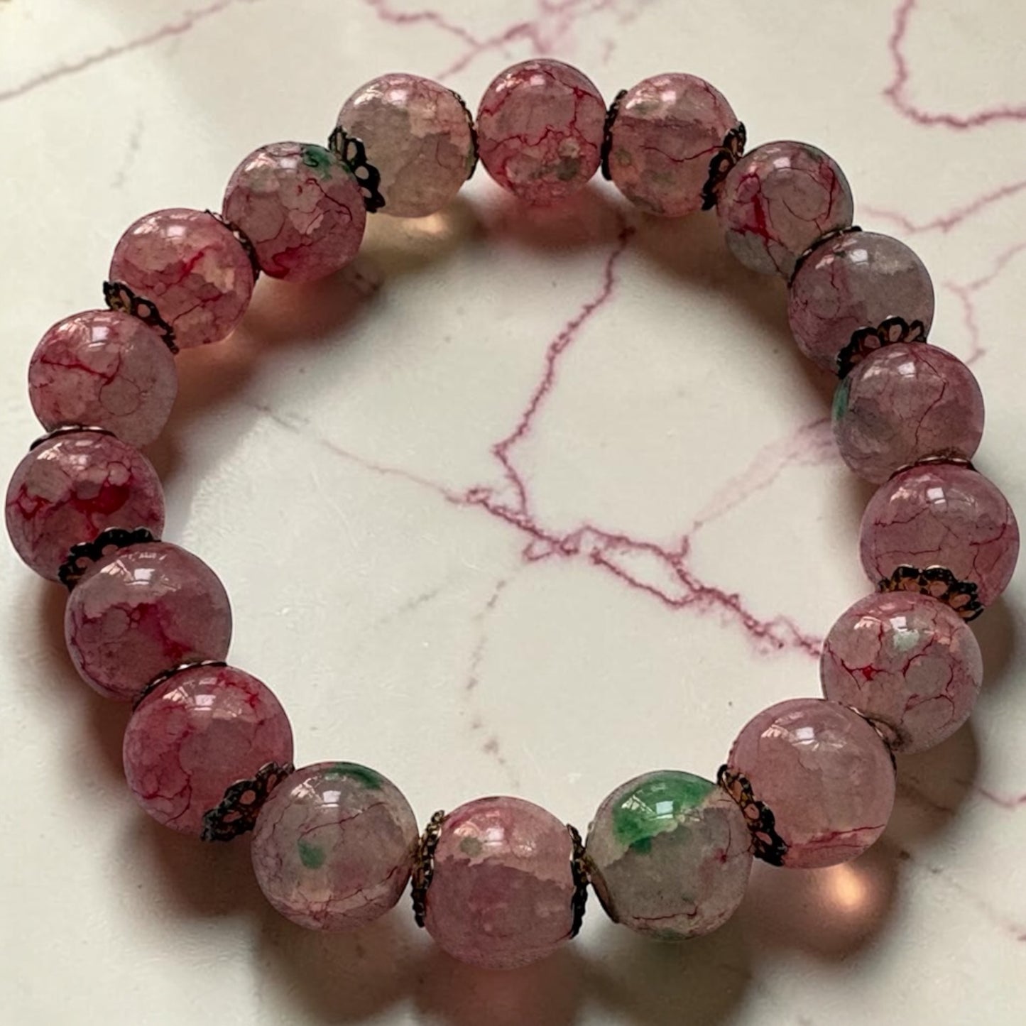 Handmade Beaded Pink and Green Glass Bracelet with Sterling Silver Spacers