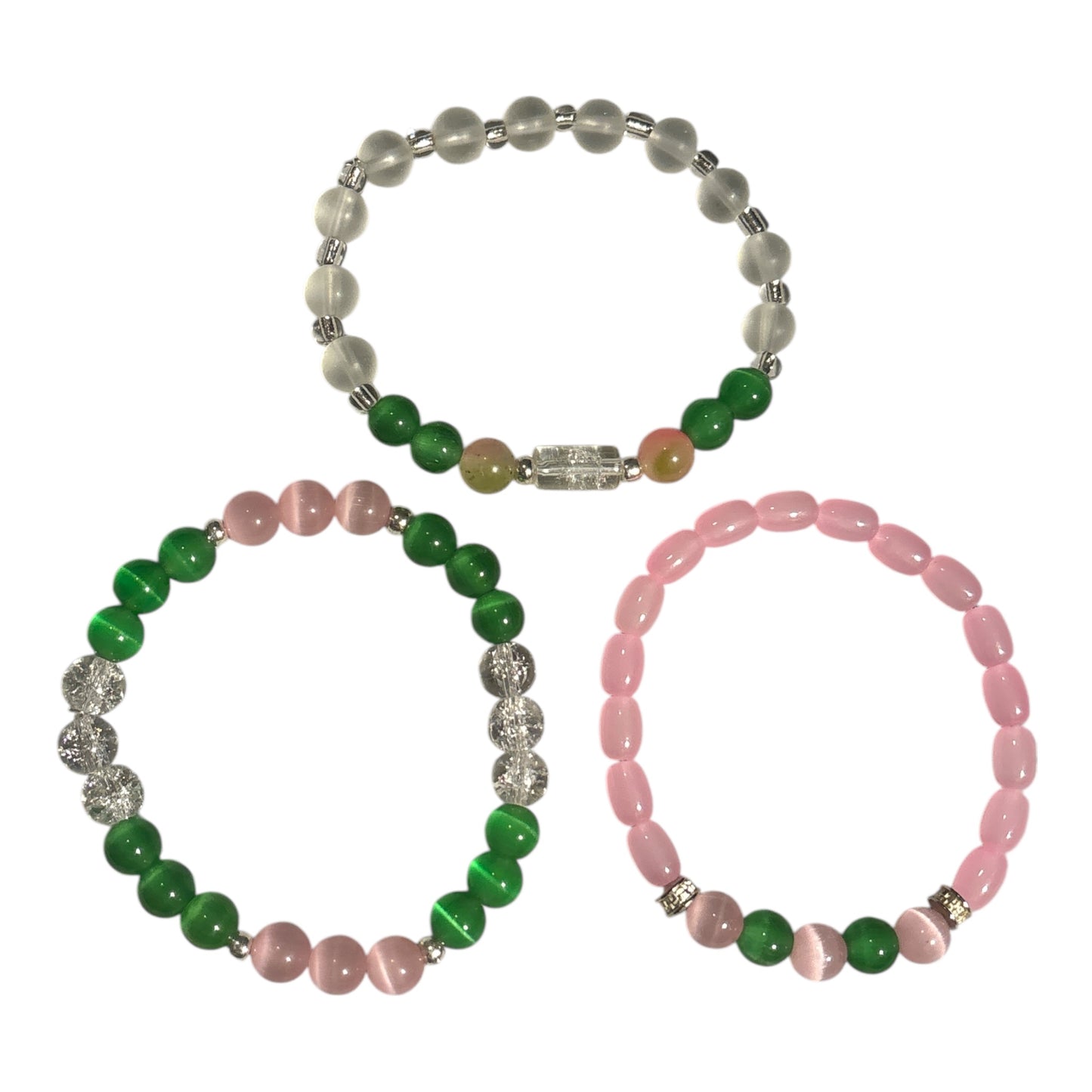 Pink & Green Tiger’s Eye and Green Handcrafted 3 piece Beaded Stretch Bracelet Set