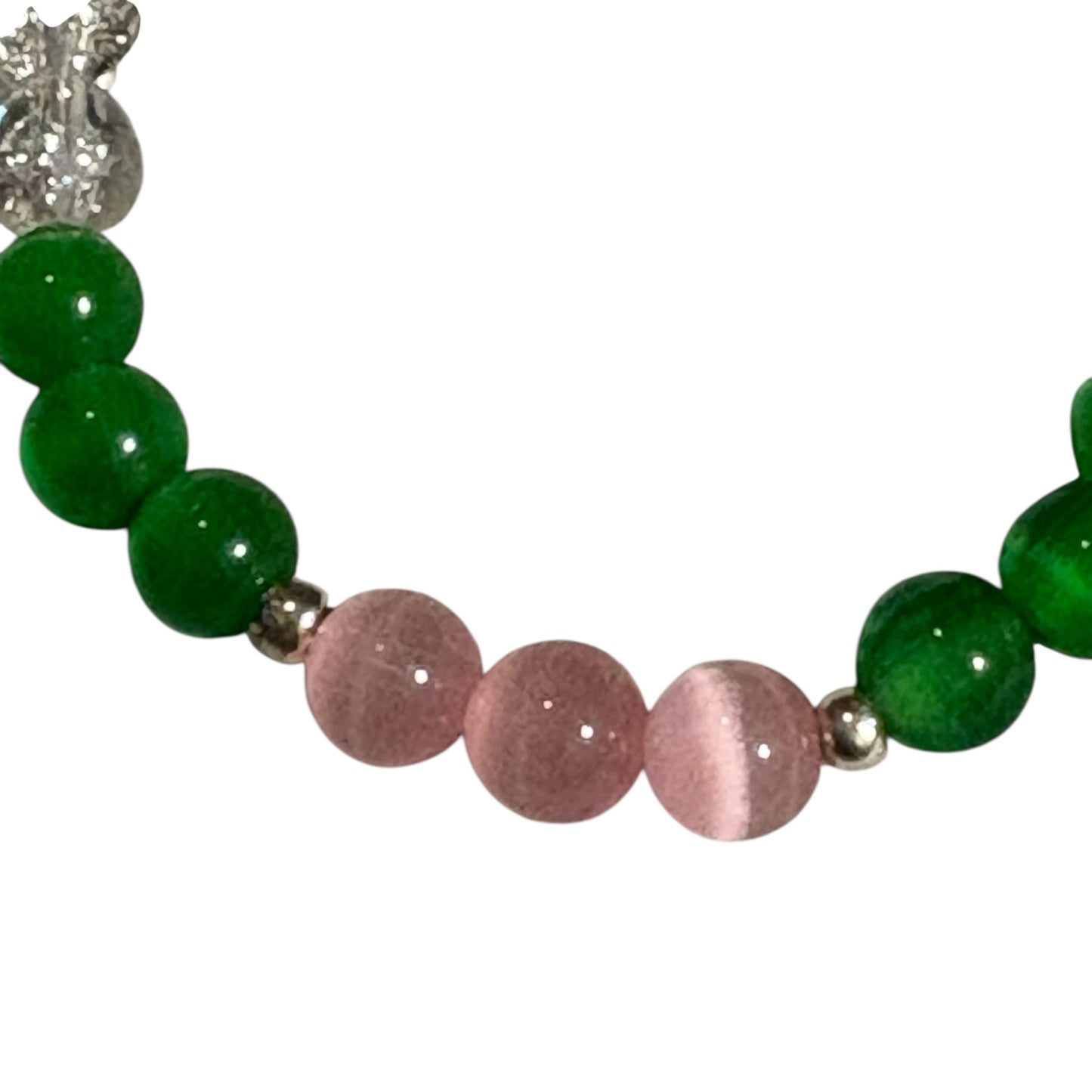 Pink & Green Tiger’s Eye and Green Handcrafted 3 piece Beaded Stretch Bracelet Set