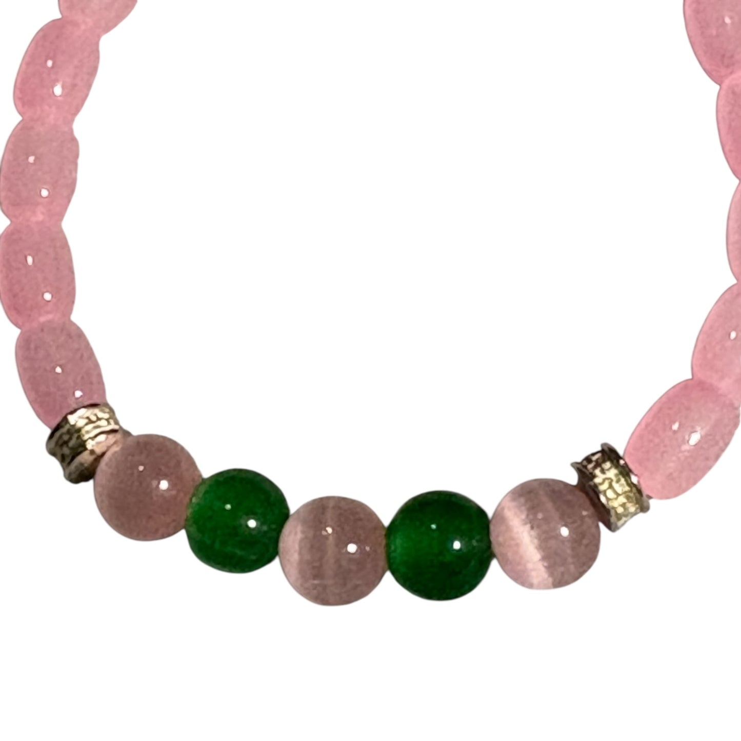 Pink & Green Tiger’s Eye and Green Handcrafted 3 piece Beaded Stretch Bracelet Set
