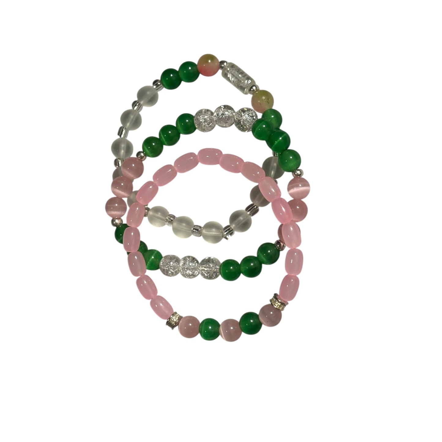 Pink & Green Tiger’s Eye and Green Handcrafted 3 piece Beaded Stretch Bracelet Set