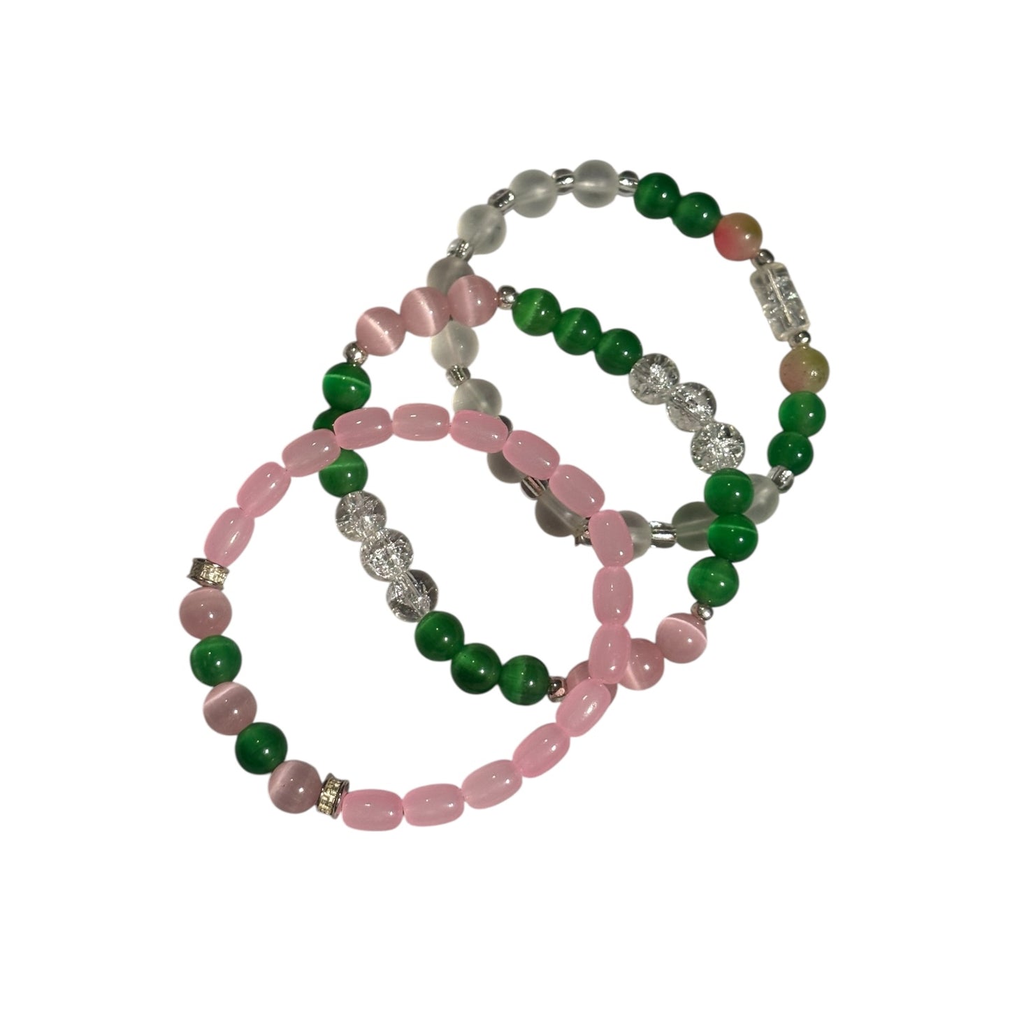 Pink & Green Tiger’s Eye and Green Handcrafted 3 piece Beaded Stretch Bracelet Set