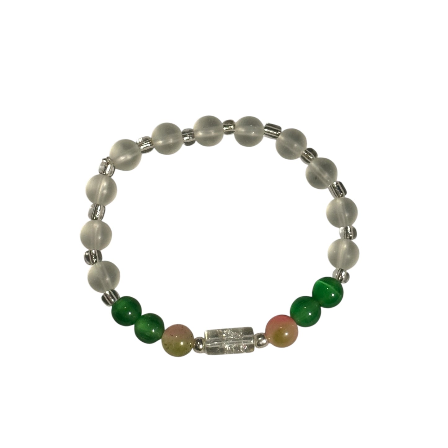 Pink & Green Tiger’s Eye and Green Handcrafted 3 piece Beaded Stretch Bracelet Set