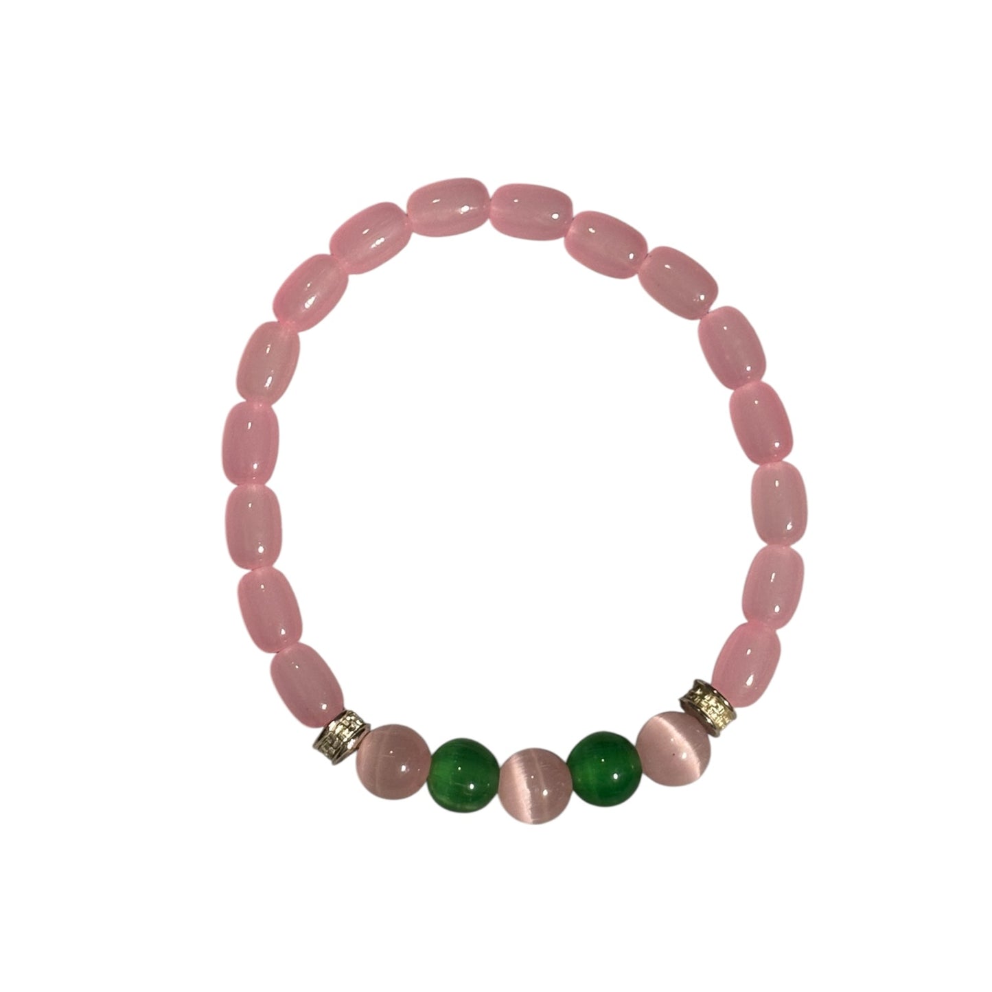 Pink & Green Tiger’s Eye and Green Handcrafted 3 piece Beaded Stretch Bracelet Set