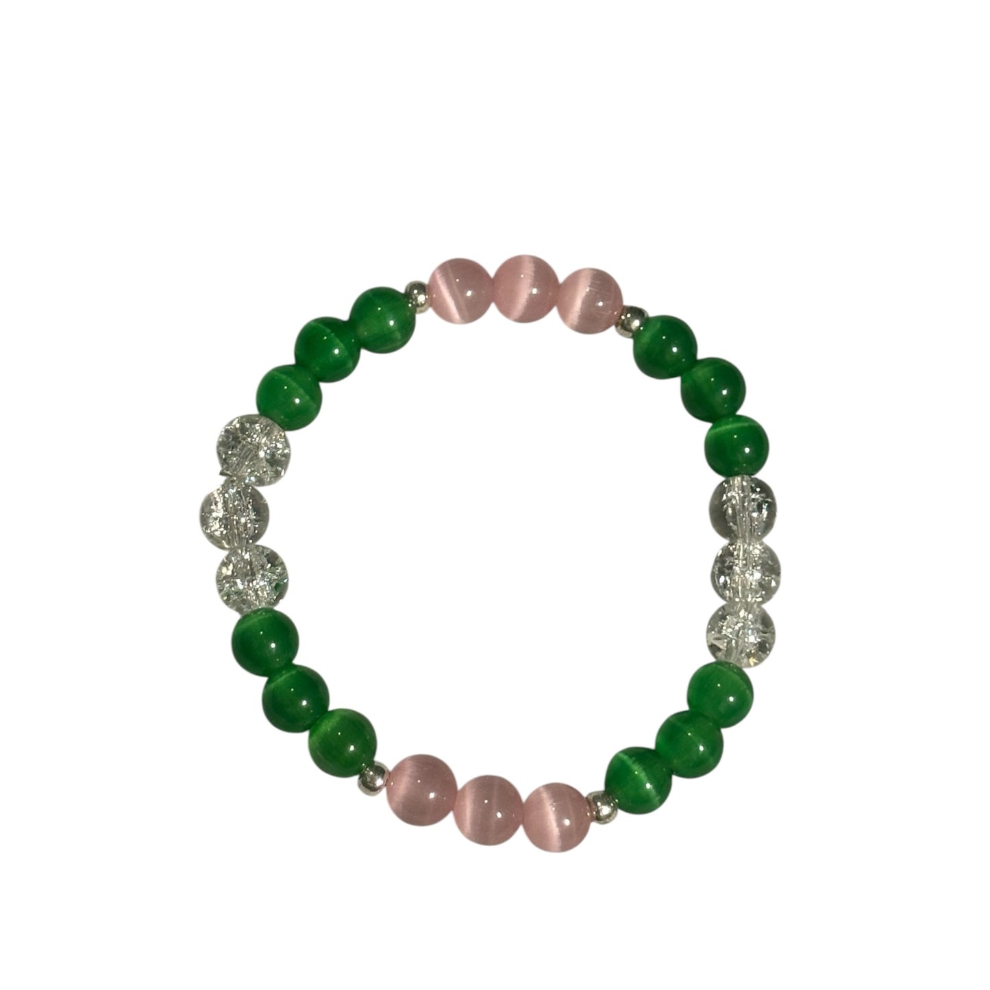 Pink & Green Tiger’s Eye and Green Handcrafted 3 piece Beaded Stretch Bracelet Set