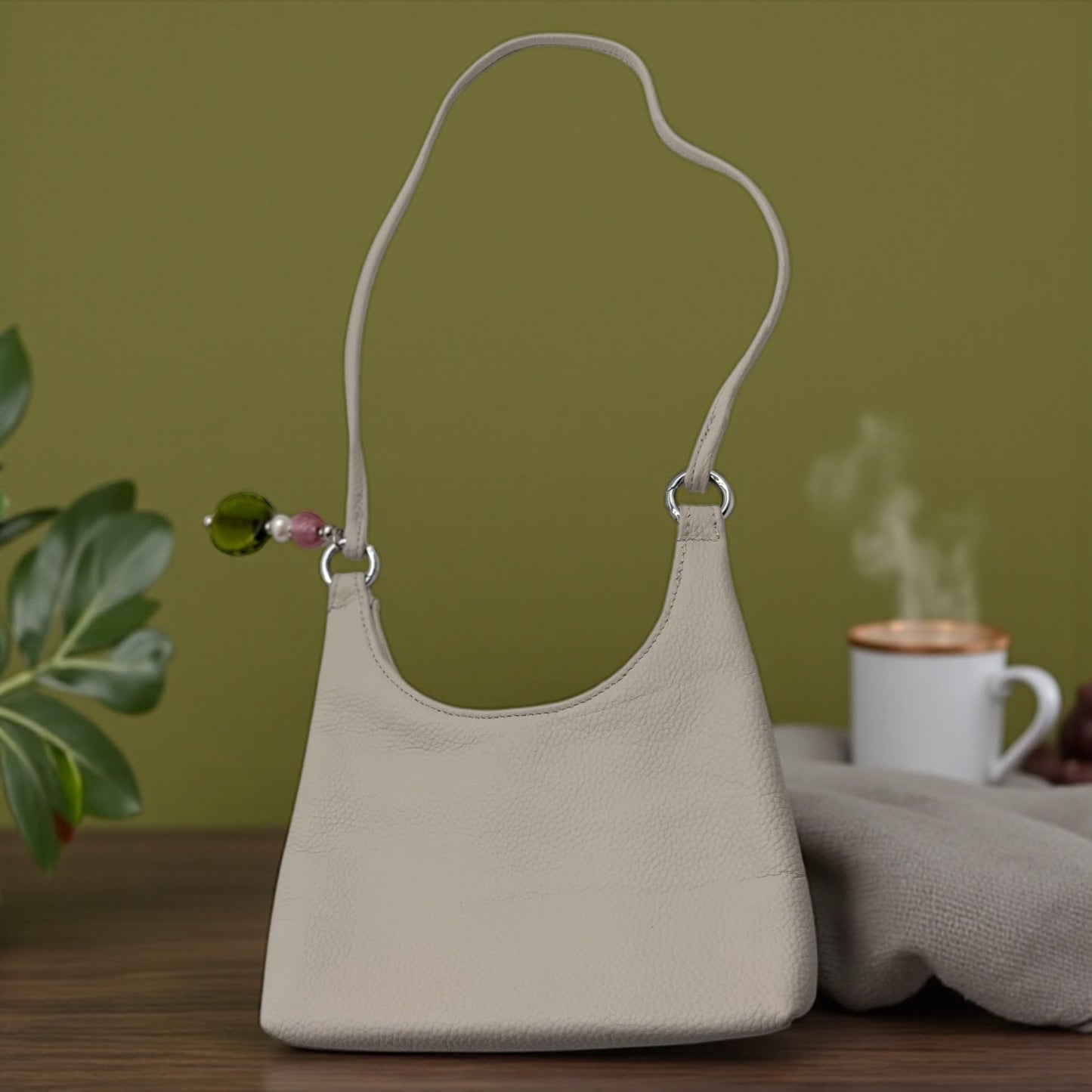 Genuine Leather White Small Purse with Pink & Green Glass Lampwork Beads