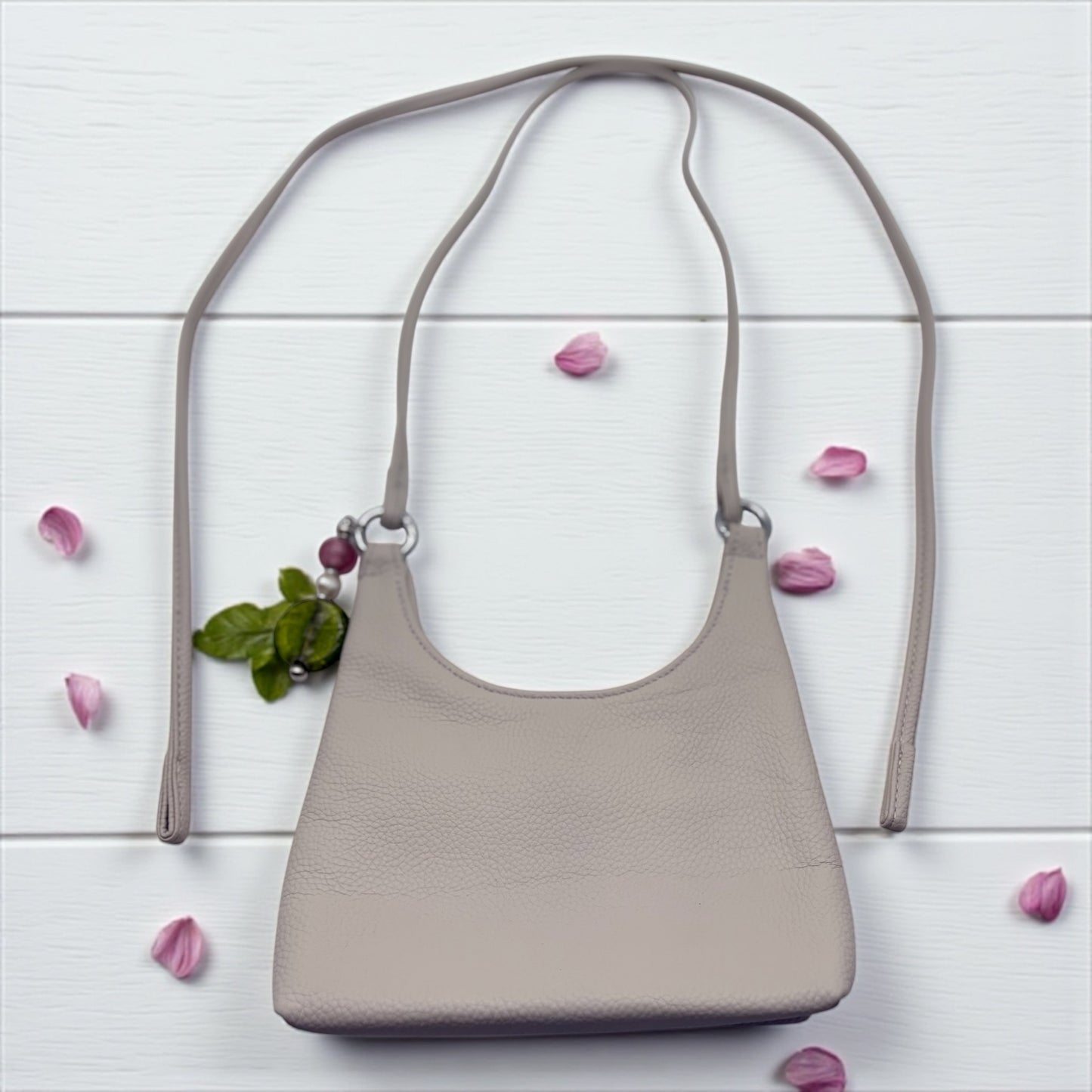 Genuine Leather White Small Purse with Pink & Green Glass Lampwork Beads