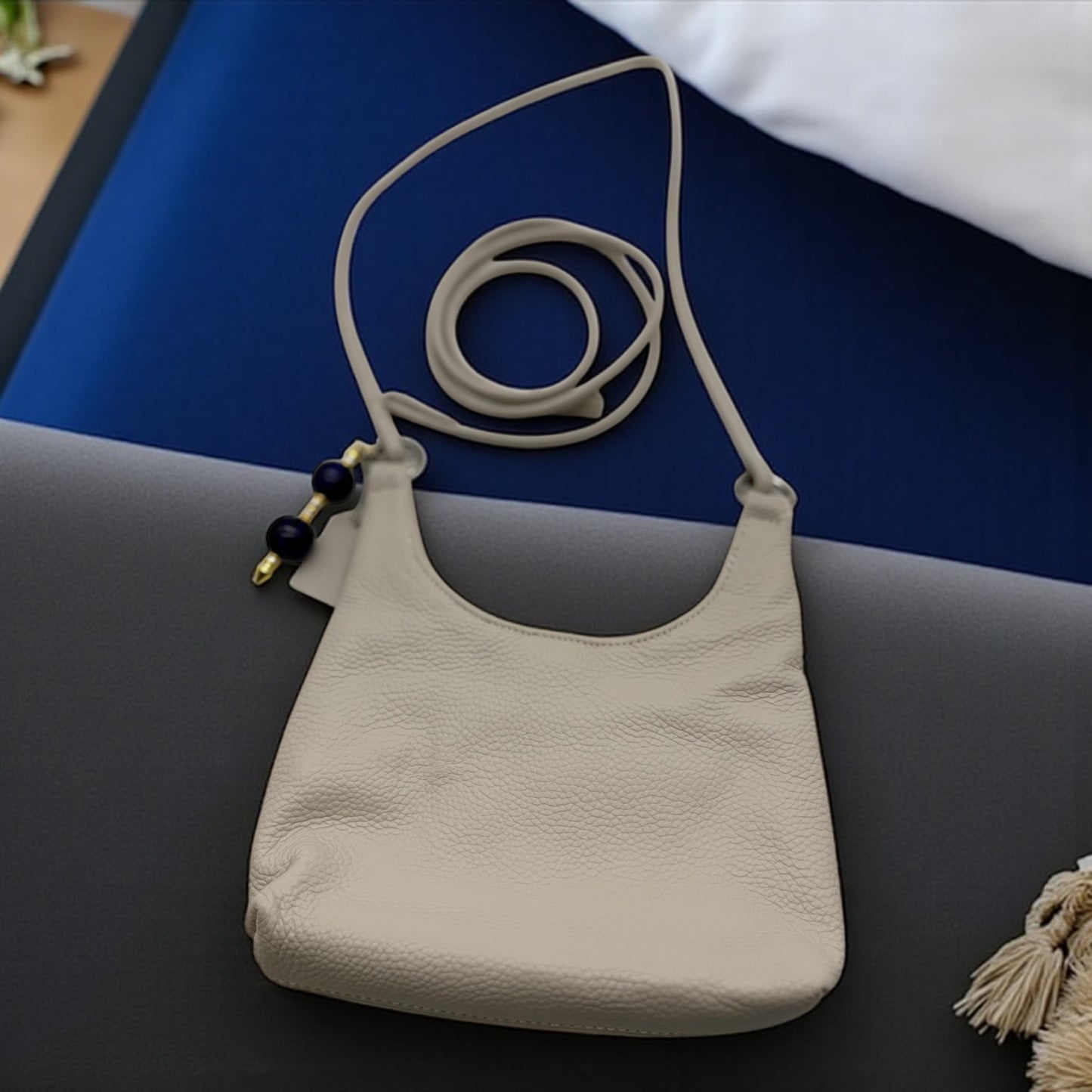 Genuine Leather White Small Purse with Blue Glass Lampwork Beads & Gold Accents