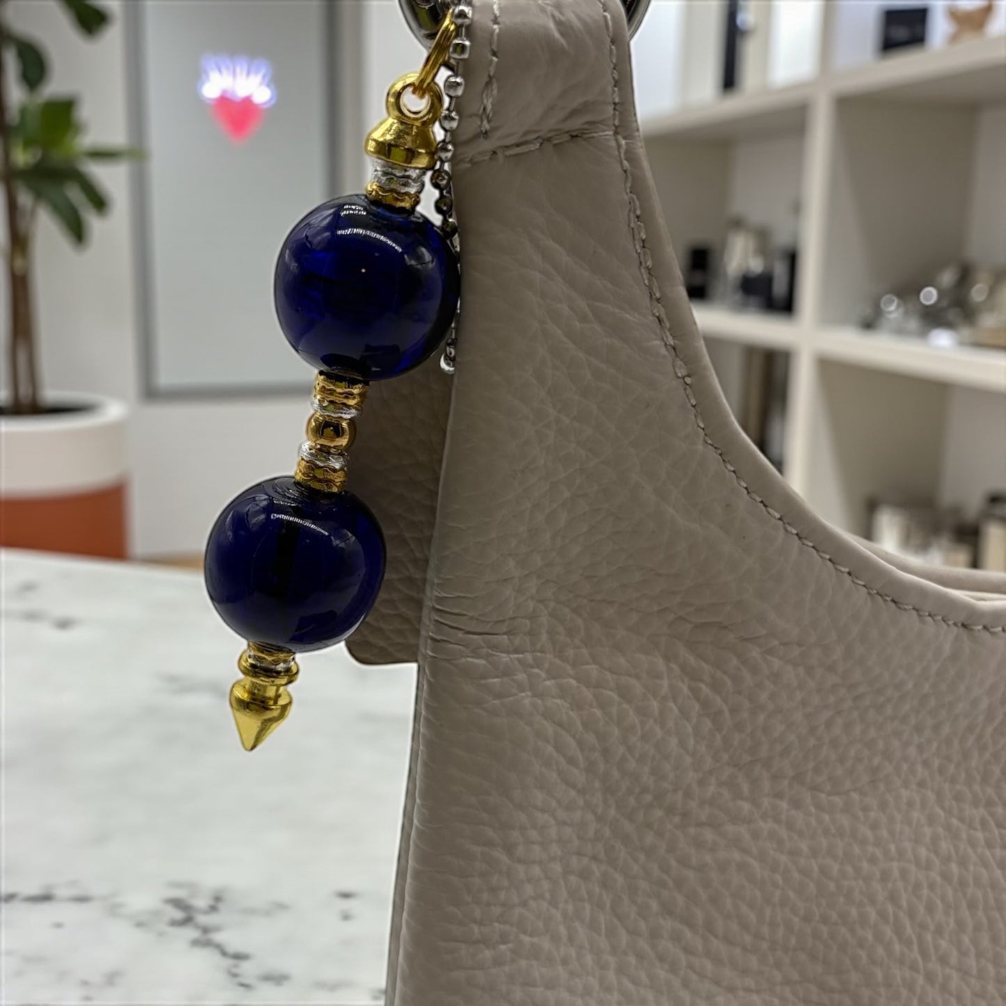 Genuine Leather White Small Purse with Blue Glass Lampwork Beads & Gold Accents