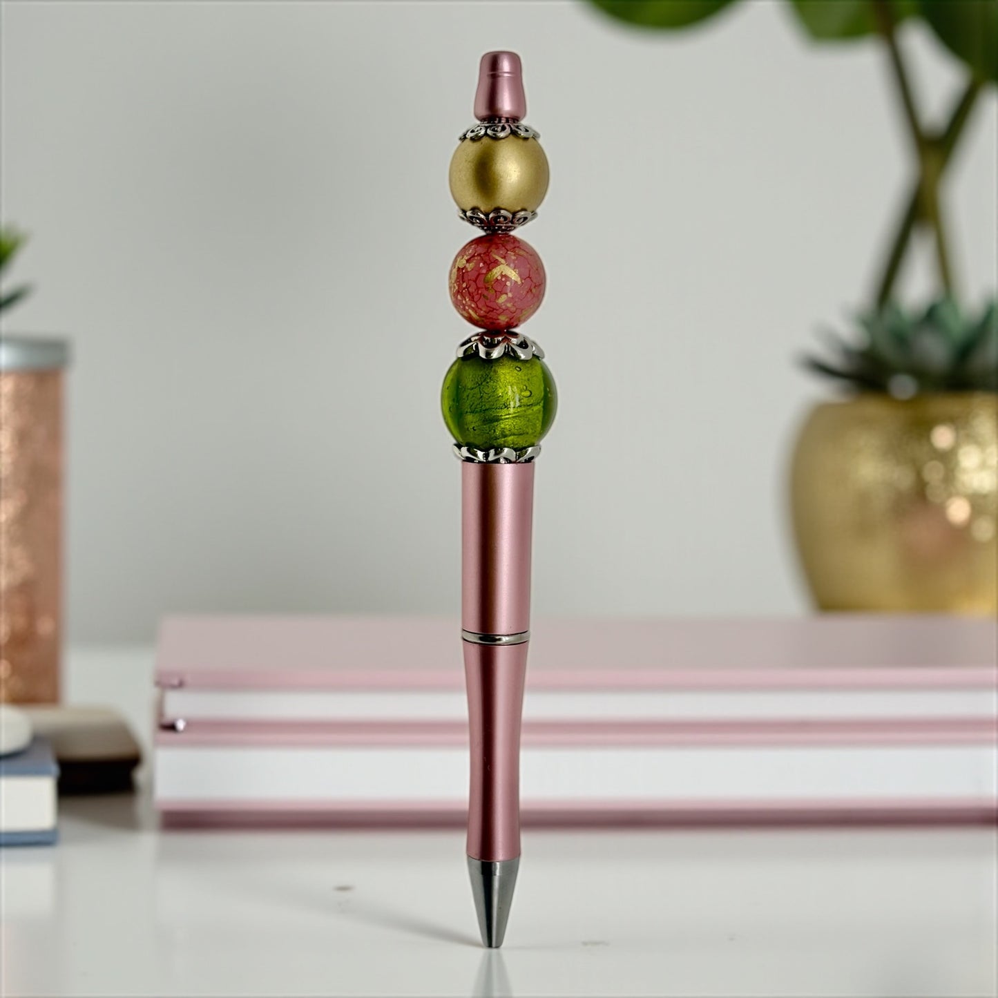 Handmade Elegant Lampwork Statement Bead Pen with Green Notebook with Pink Accent