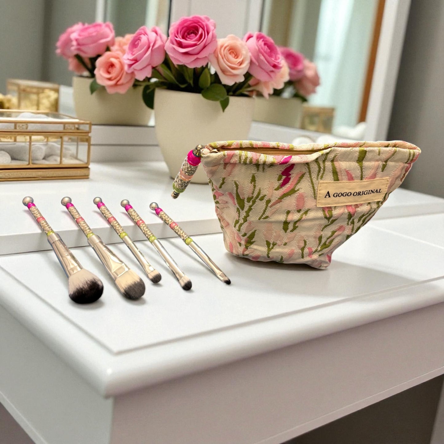 Handmade Jeweled Make Up Bag and Brushes Set