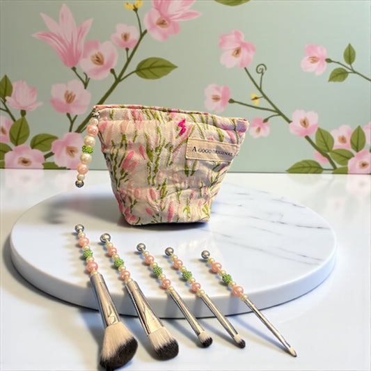 Handmade Pink & Green Jeweled Make Up Bag and Brushes Set
