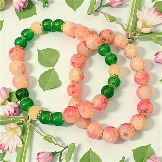 Handmade Pink and Green Glass Bead Bracelet Set