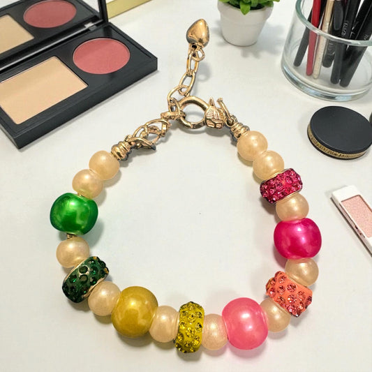 Handmade Pink & Green Rhinestone and Faux Pearl Bracelet