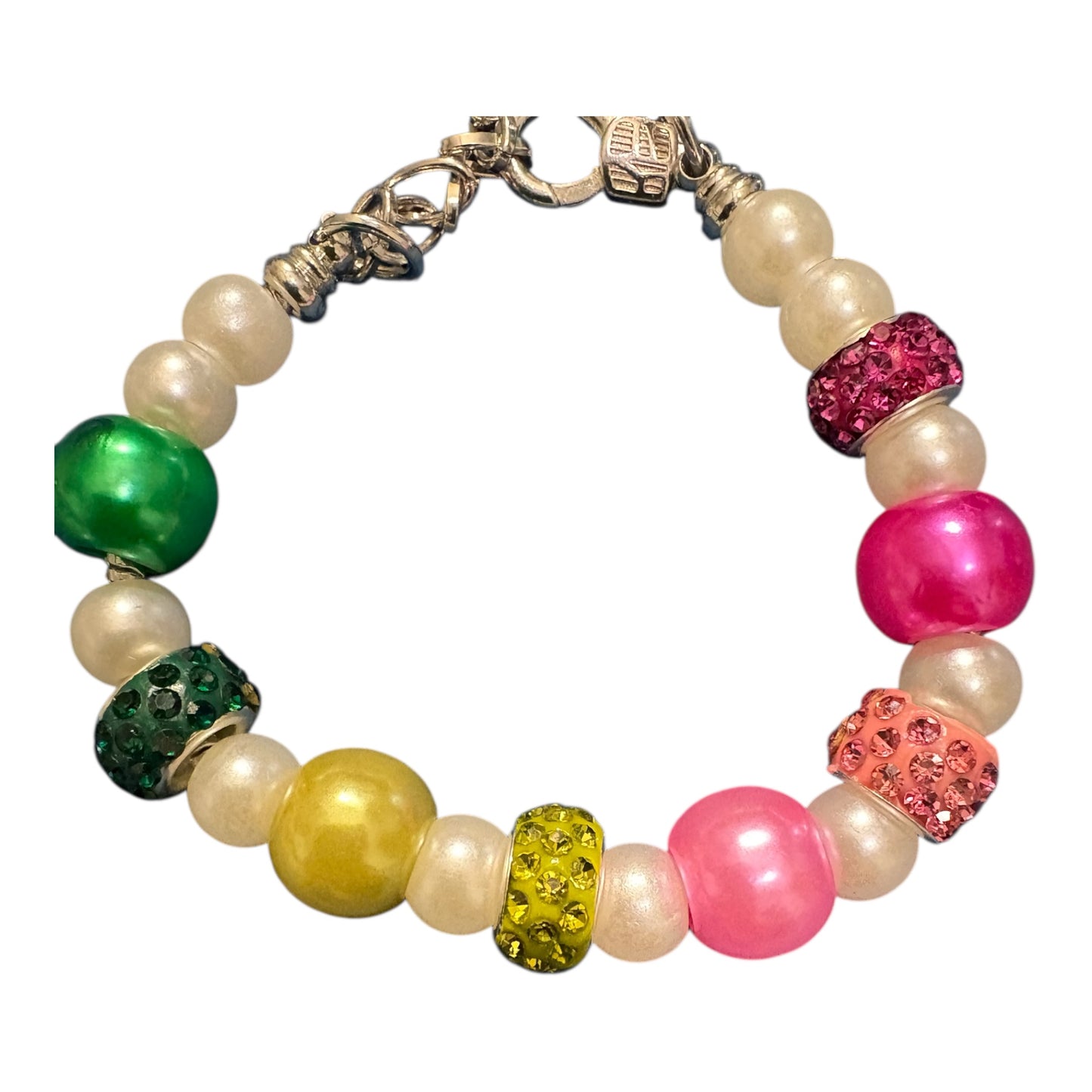Handmade Pink & Green Rhinestone and Faux Pearl Bracelet
