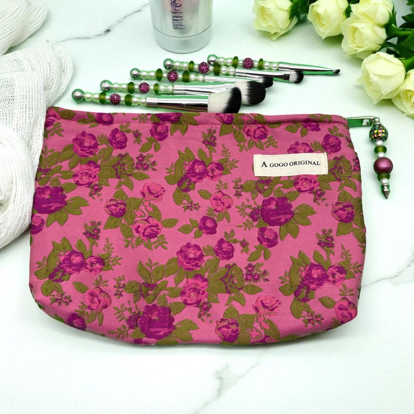 Makeup Collection: Pink & Green Makeup Bag with Matching Beaded Brushes
