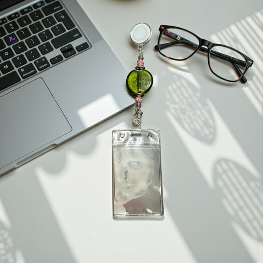 Handmade Beaded Lanyard in Pink and Green with a Round Glass Lampwork Bead