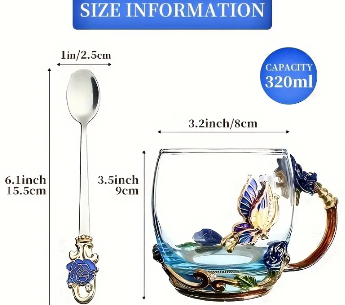 Blue Butterfly & Rose Enamel Glass Tea Cup Set with Spoon