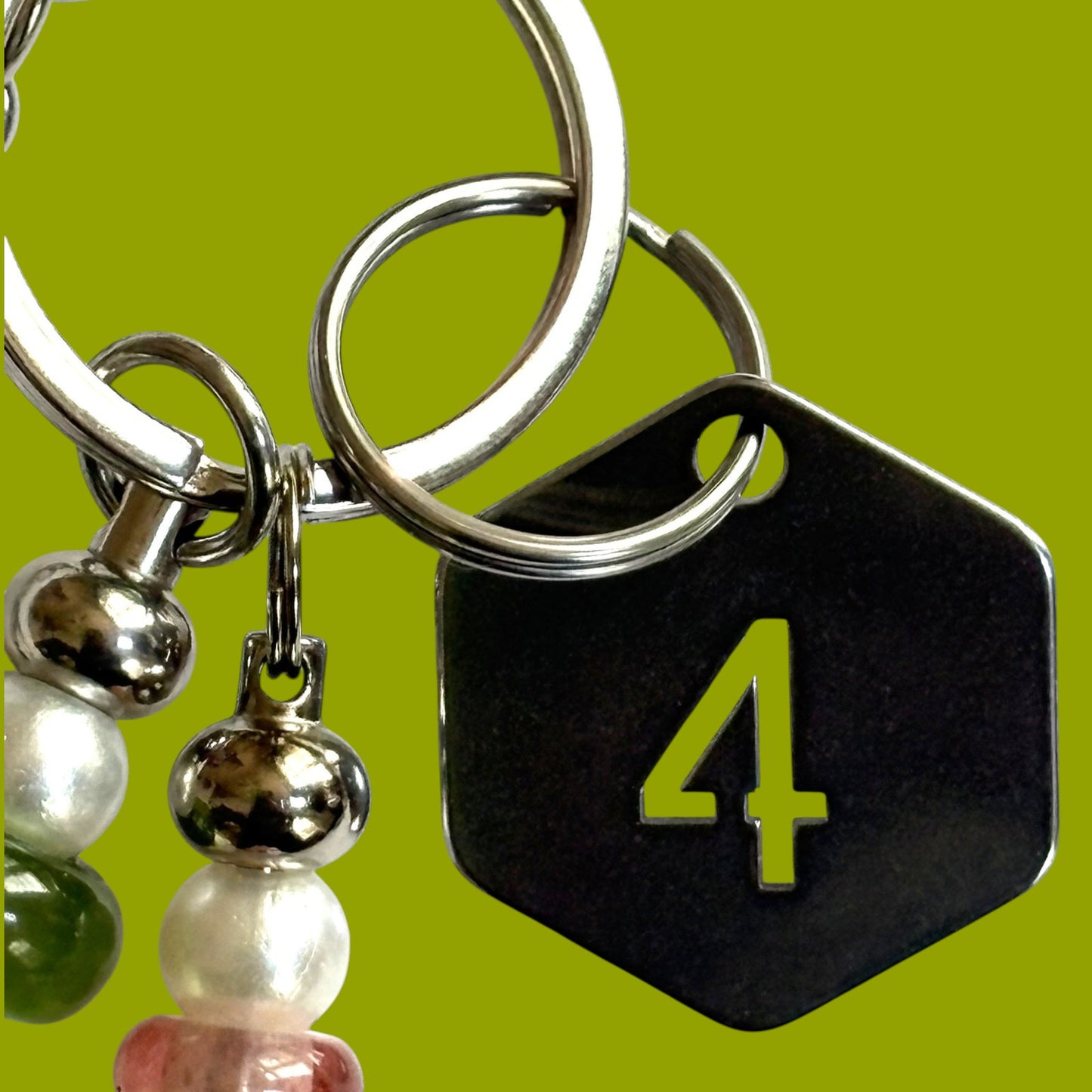 Handmade Pink and Green Line Number Keychain: Silver Murano Bead, Metal, Glass AKA