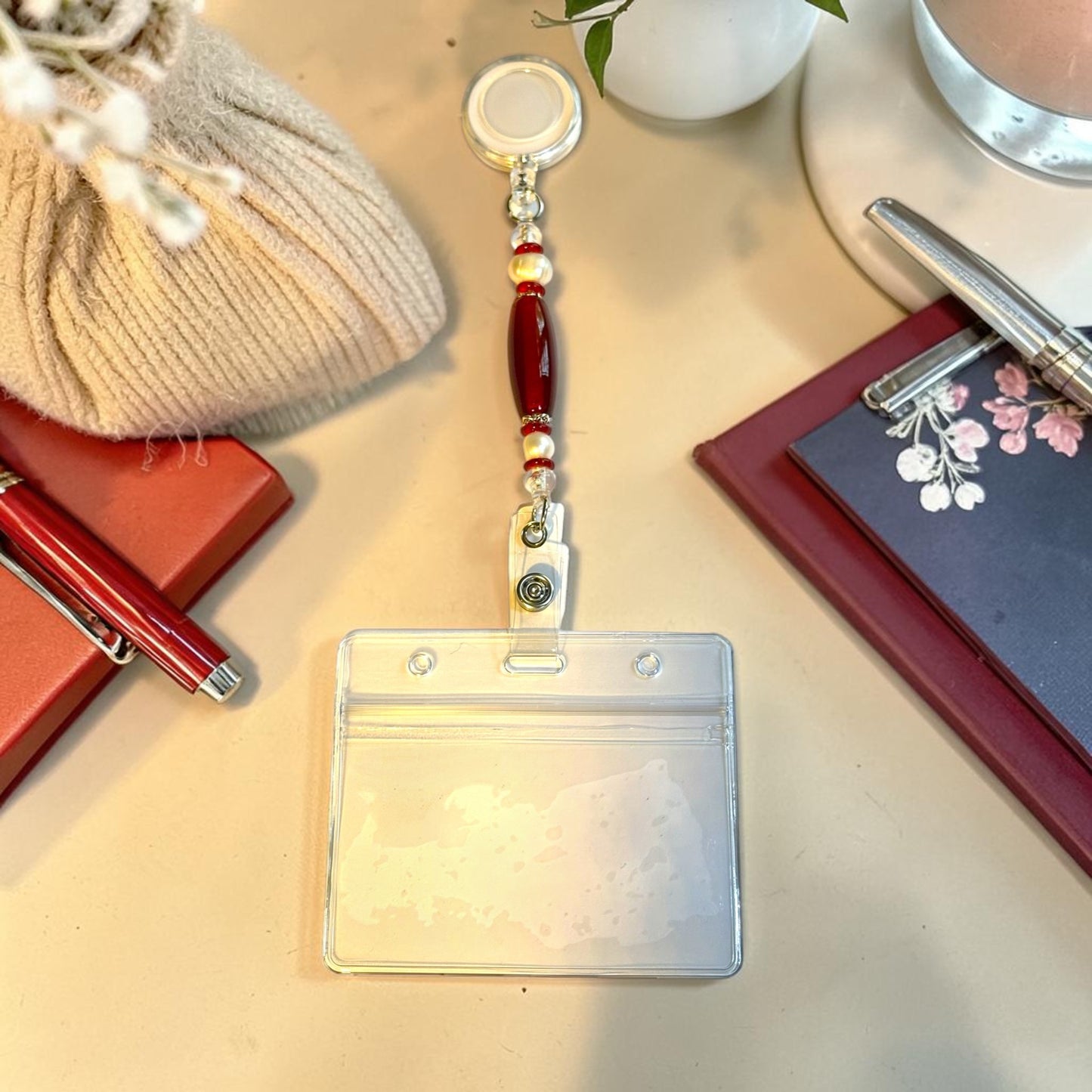 Crimson Cream Glass Beaded Retractable Lanyard ID Holder / Business Executive Gift / Delta Sigma Theta Inspired