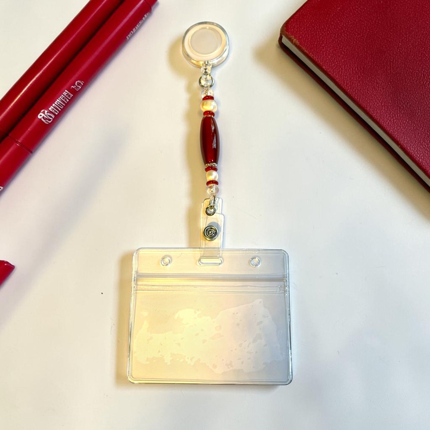 Crimson Cream Glass Beaded Retractable Lanyard ID Holder / Business Executive Gift / Delta Sigma Theta Inspired