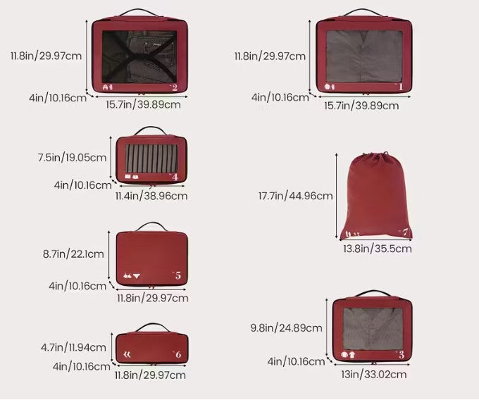 Crimson Seven-Piece Packing/Luggage Organizer Bags