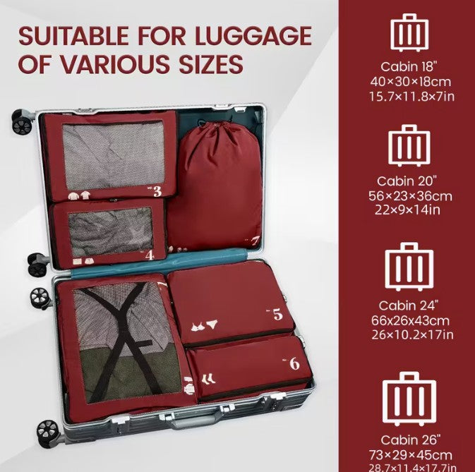 Crimson Seven-Piece Packing/Luggage Organizer Bags