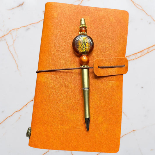 Exquisite Island-Inspired Orange Journal and Lampwork Beaded Pen Gift Set