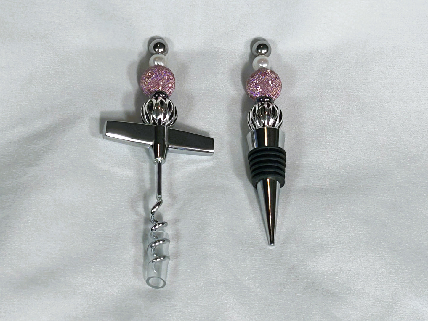 Beaded Barware Set - Wine Bottle Stopper and Cork screw ( Pink and Purple)