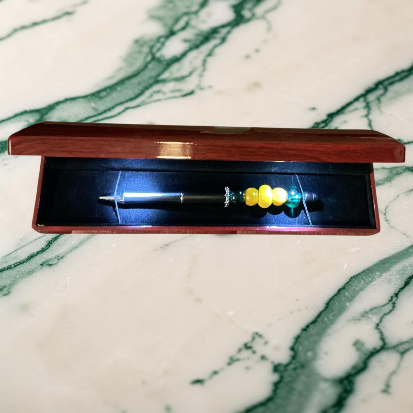 One-of-a-Kind Handcrafted Jamaica-Inspired Beaded Pen in Luxury Wooden Gift Box