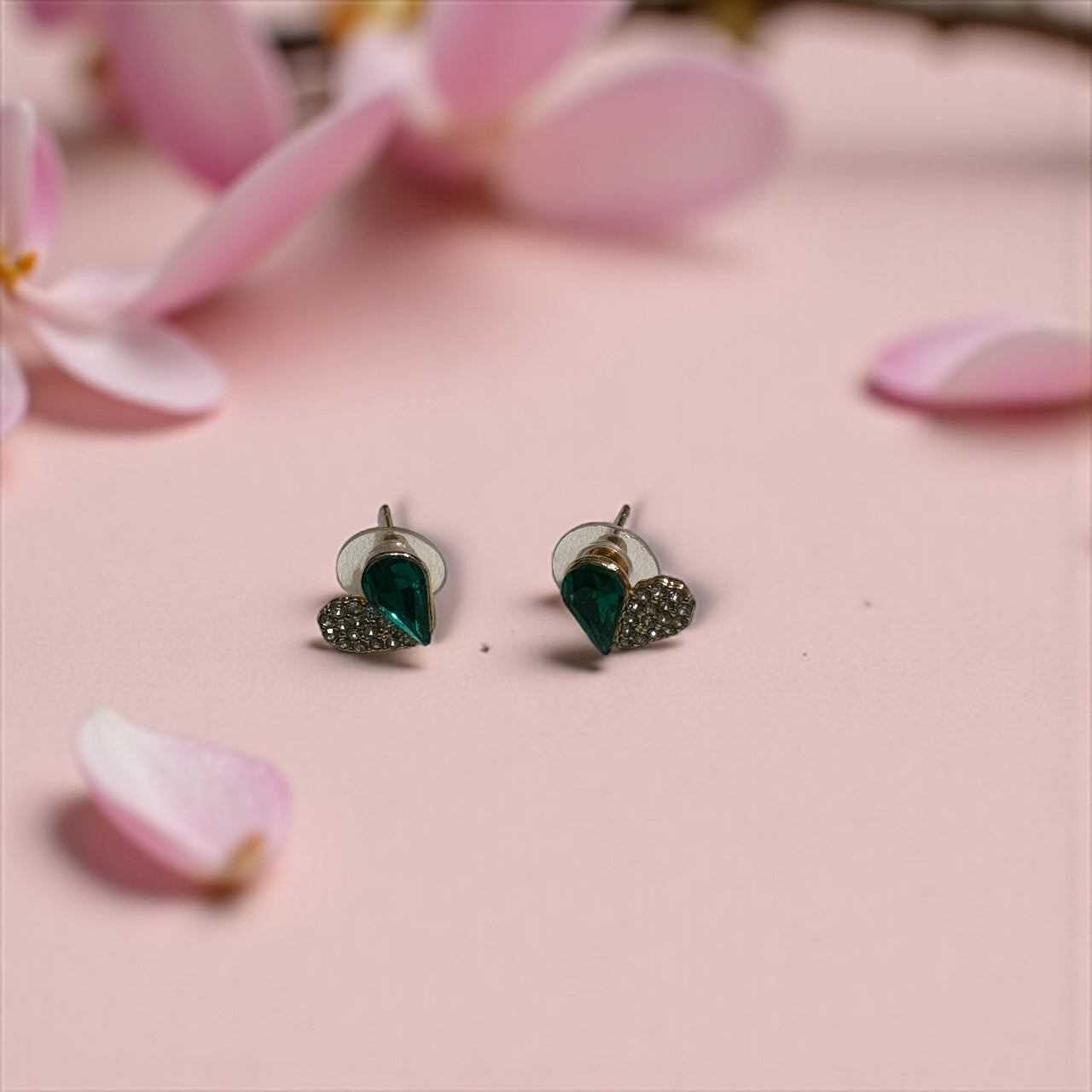 Green Jewel & Rhinestone Heart Stud Earrings