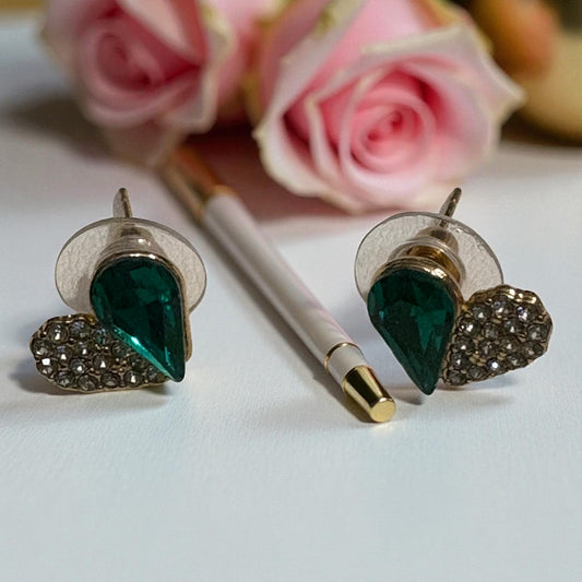 Green Jewel & Rhinestone Heart Stud Earrings