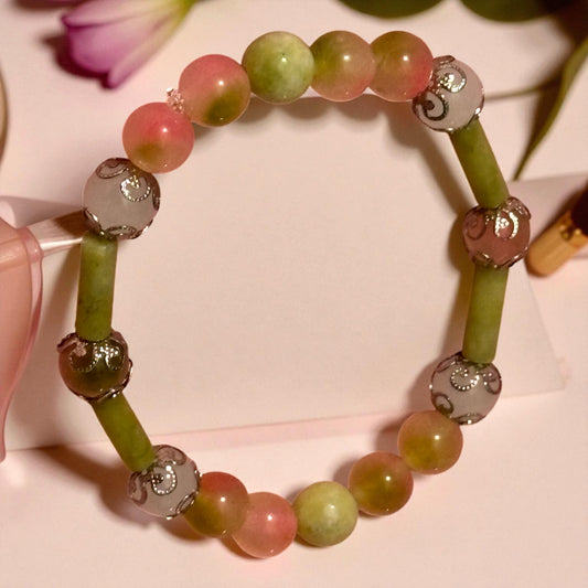 Handmade Elegant Stone and Glass Beaded Pink and Green Bracelet