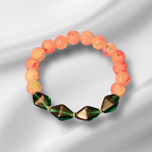 Handmade Beaded Pink and Green Glass Bracelet with Sterling Silver Spacers