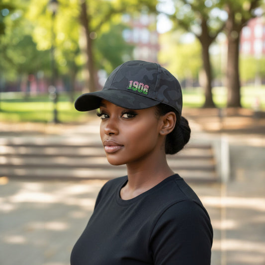 Black on Black Camouflage Hat with Rhinestone "1908" in Pink and Green