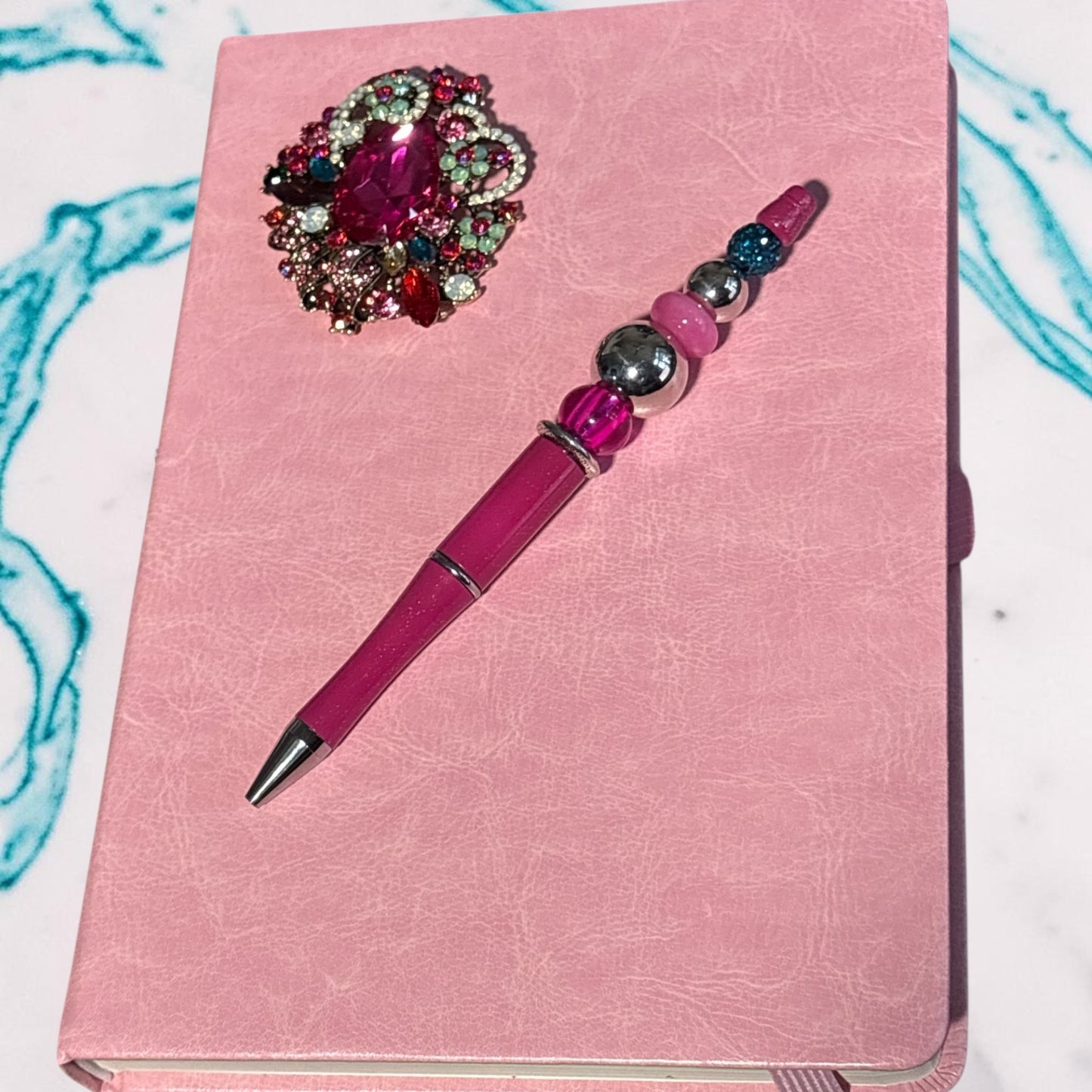 Island-Inspired Pink Jeweled Journal & Handcrafted Beaded Pen Set One-of-a-Kind