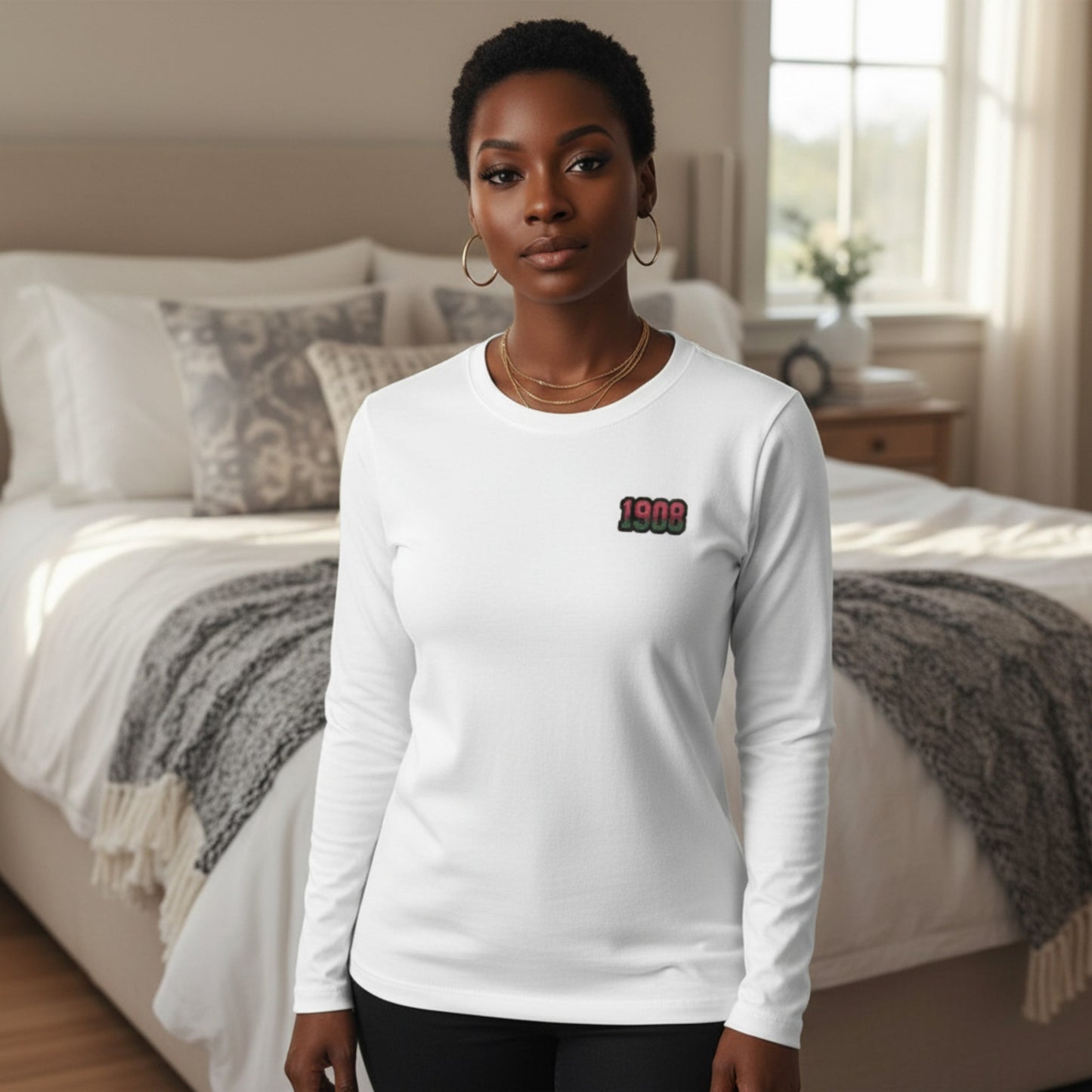 White Long Sleeve Shirt with"1908" Pink and Green