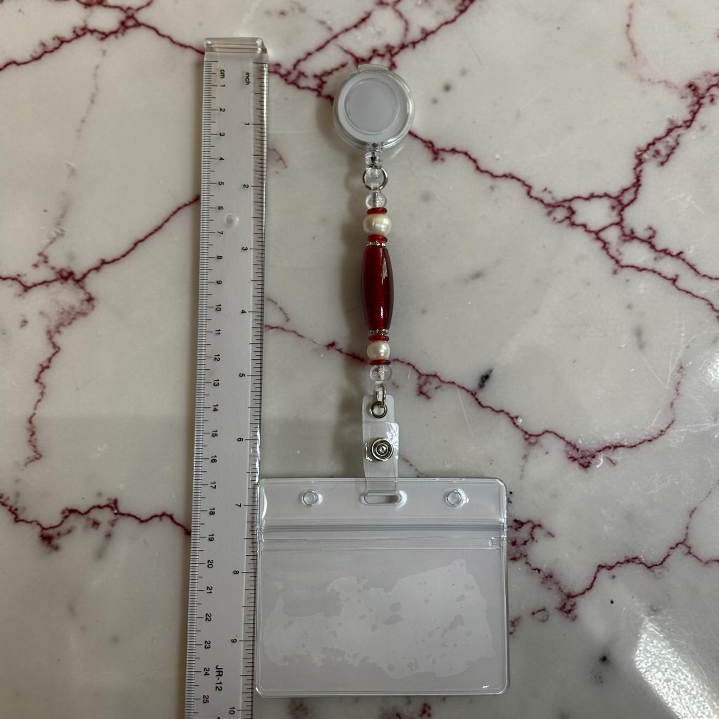 Crimson Cream Glass Beaded Retractable Lanyard ID Holder / Business Executive Gift / Delta Sigma Theta Inspired