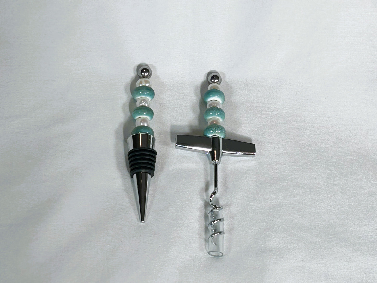 Beaded Barware Set - Wine Bottle Stopper and Cork screw ( Seaform Green and Pearl)