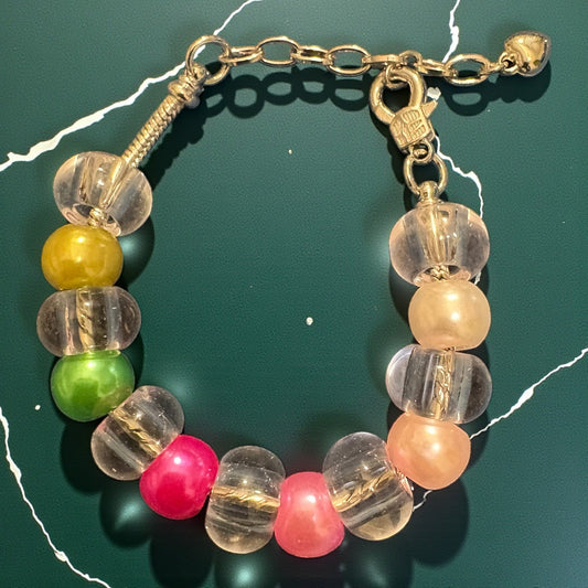 Handmade Pink & Green Glass and Faux Pearl Bracelet