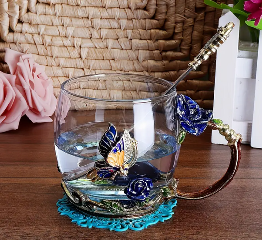 Blue Butterfly & Rose Enamel Glass Tea Cup Set with Spoon